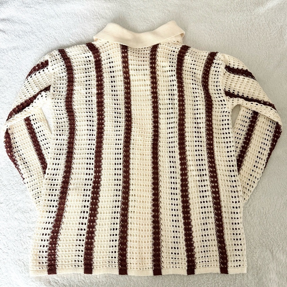 Women’s Knitted Cardigan Long Sleeve Button Up Crochet Striped Cardigan Sweater - Picture 8 of 10